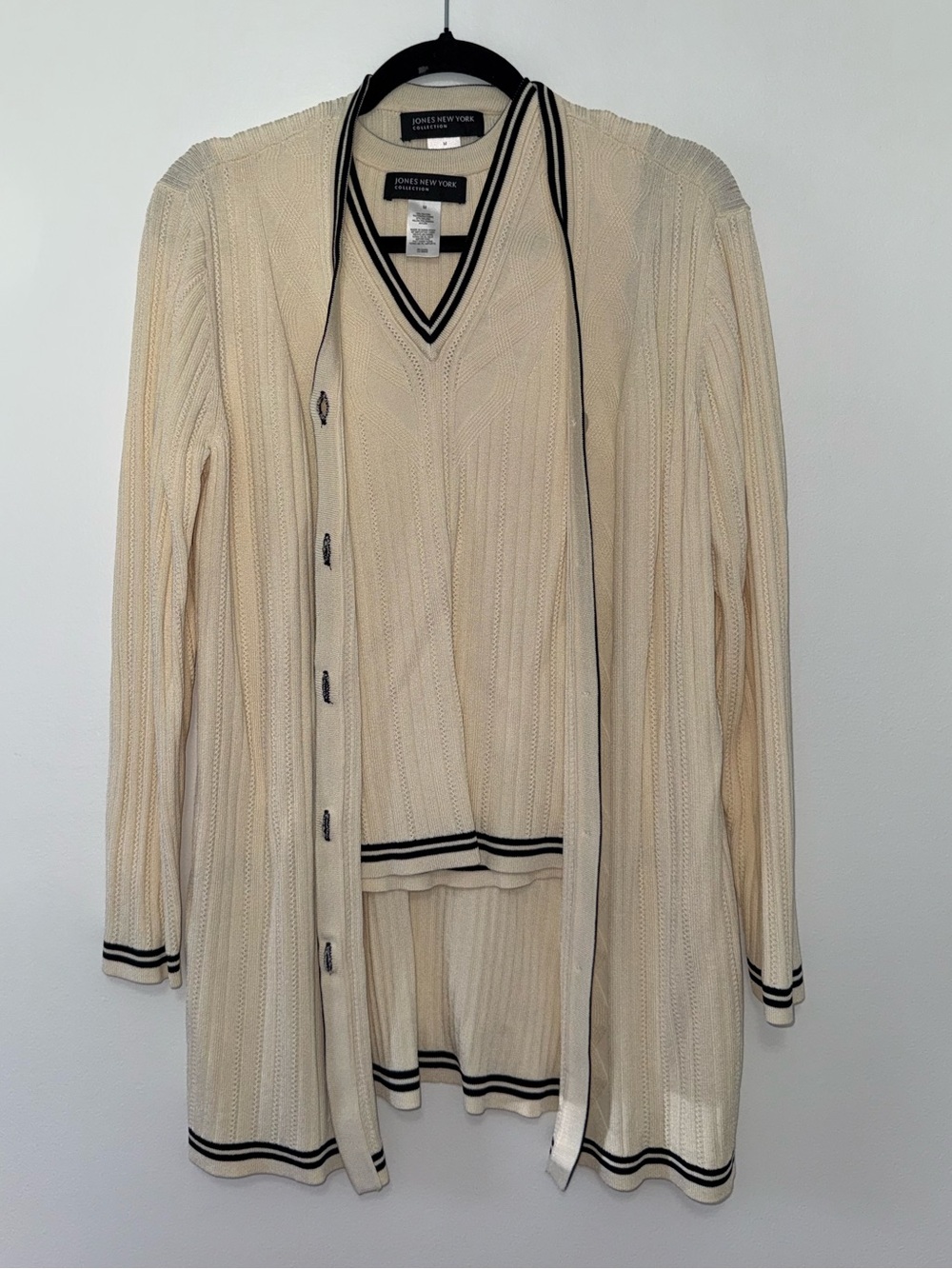 Jones New York Cream Knit V-Neck Cardigan and Vest Set with Black Trim